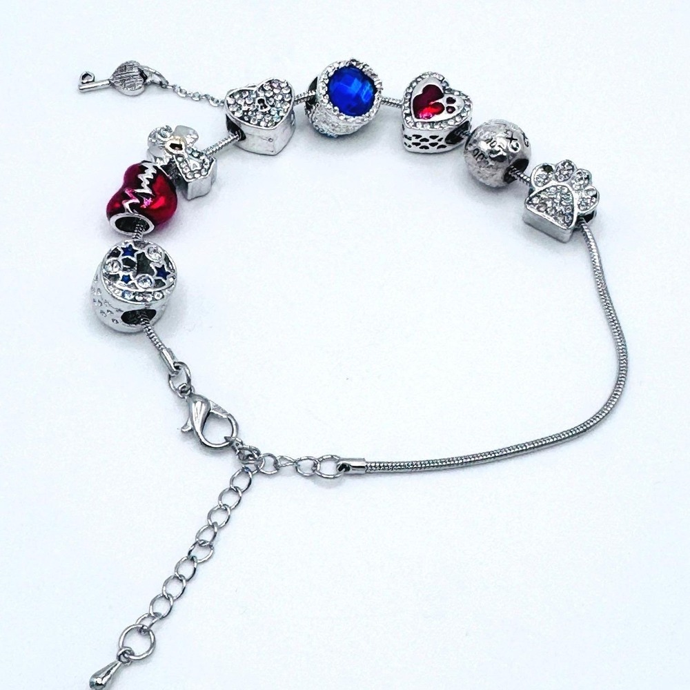 Dog Lover Charm Bracelet Silvertone European Beads Hearts Rhinestones Adjustable
